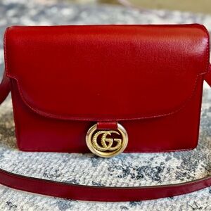 Gucci Interlocking G Red Leather Flap Shoulder Bag – Gold Hardware